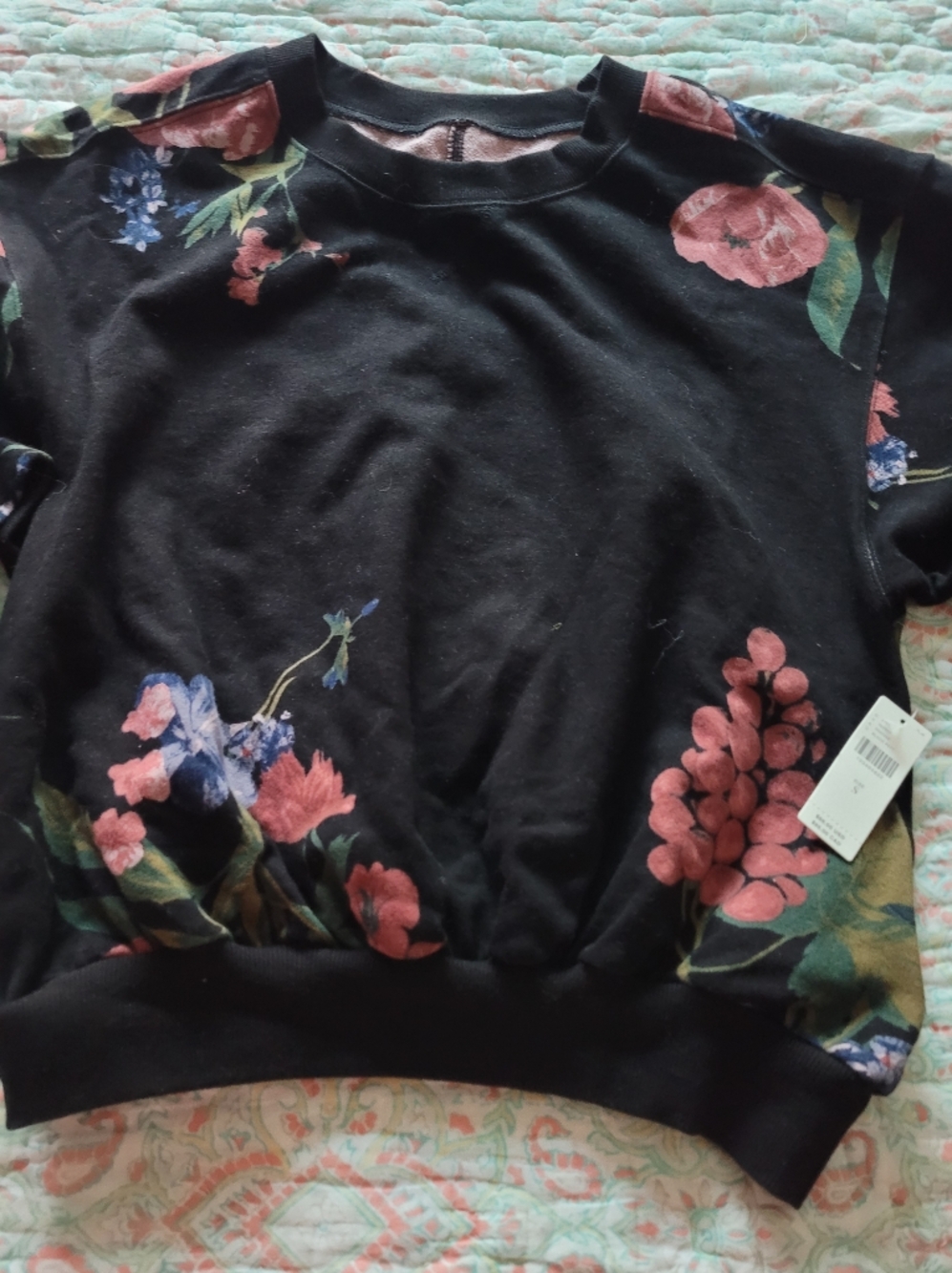 The Niki Bubble Sweatshirt by Pilcro | Anthropologie Floral Print Black Top - Picture 7 of 10